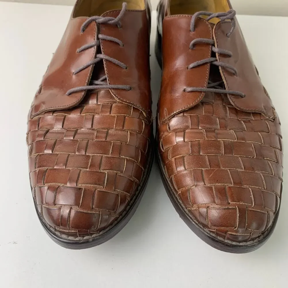 Johnston Murphy Brown Leather Oxford Dress Shoes Woven Leather Men's 8.5M